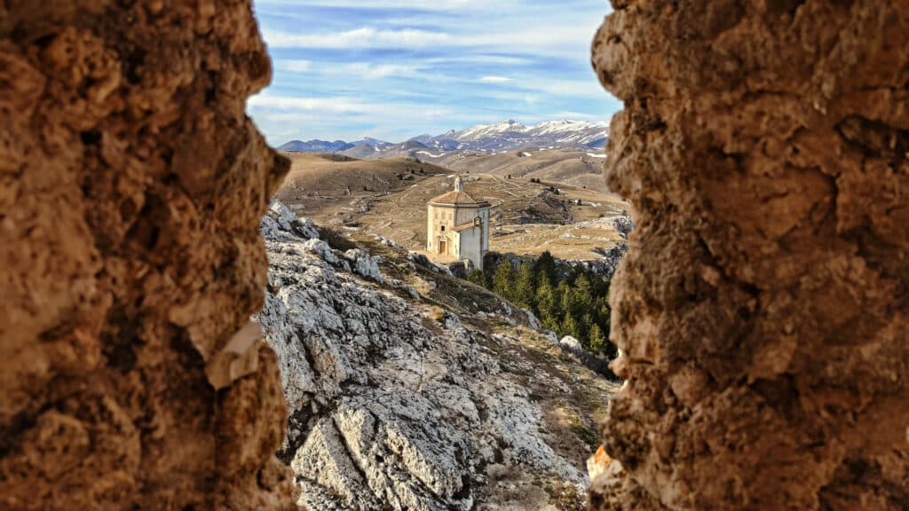 Travel to Abruzzo – Stunning view from Rocca Calascio overlooking the mountains of Gran Sasso.